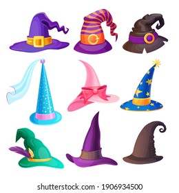 Halloween hats isolated vector set with cartoon caps of witch, wizard, fairy or stargazer, decorated with stars, feathers, bucklets and ribbons, bow, veil. Magic headwear for Halloween holiday design