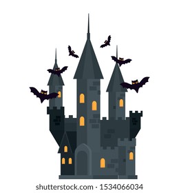 halloween haunted castle with bats flying vector illustration design