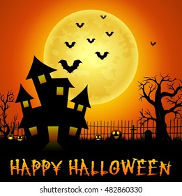 Halloween haunted castle with bats and trees. Vector illustration