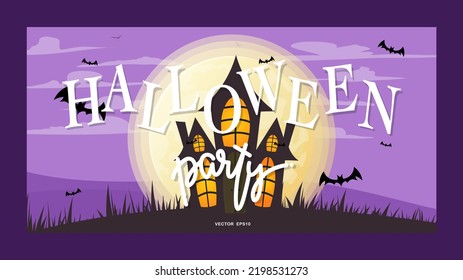 Halloween with Haunted Castle and Big Moon and bat at purple in Halloween , Flat Modern design , illustration Vector EPS 10