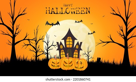 Halloween with Haunted Castle and Big Moon and bat at purple in Halloween , Flat Modern design , illustration Vector EPS 10