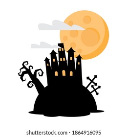 halloween haunted castle with fullmoon vector illustration design