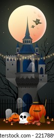 halloween haunted castle greetings design template vector, illustration