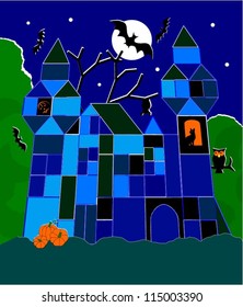 Halloween haunted castle at night with bats, black cat, pumpkins and big moon.