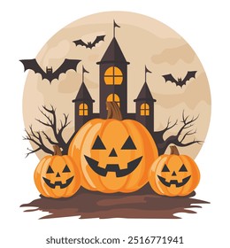 Halloween Haunted Castle With Pumpkin and Bats Vector Illustration