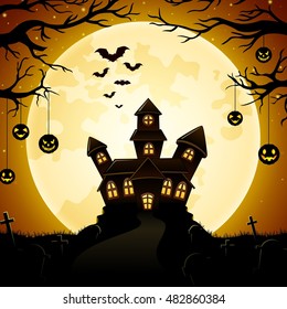 Halloween haunted castle with pumpkins hanging on trees and the full moon background .Vector illustration