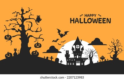 Silhouette de château hantée à Halloween et chauve-souris volante avec un cimetière sur fond orange. Illustration vectorielle création à plat.