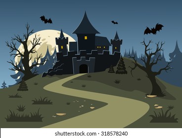 Halloween haunted castle, trees, bats, and a full moon. Vector illustration