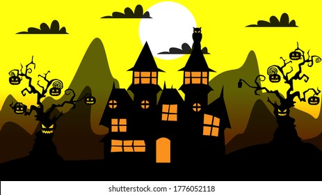 Halloween haunted house background in flat design