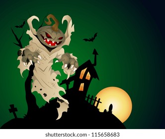 Halloween Haunted House Background With Pumpkin Head Ghost