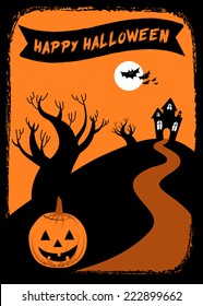 Halloween Haunted House Background - Vector Halloween haunted house background with Jack Oâ??Lantern.  Colors are global swatches for easy editing.  EPS 8 file.