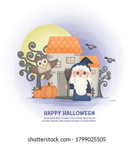 Halloween haunted house background with a witch.