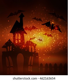 Halloween haunted house with bats and fence