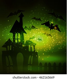 Halloween haunted house with bats and fence
