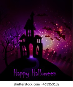 Halloween haunted house with bats and fence and trees purple 