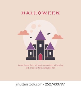 halloween haunted house with bats and moon
