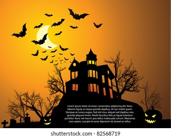 Halloween with haunted house, bats and pumpkin