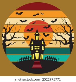 Casa encantada de Halloween con murciélagos y árboles. Ilustración vectorial. Diseño de camisetas 