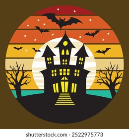 Casa encantada de Halloween con murciélagos y árboles. Ilustración vectorial. Diseño de camisetas 