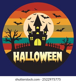 Casa encantada de Halloween con murciélagos y árboles. Ilustración vectorial. Diseño de camisetas 