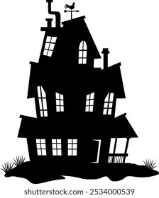 Halloween Haunted House Black Silhouette. Vector Hand Drawn Illustration Isolated On Transparent Background