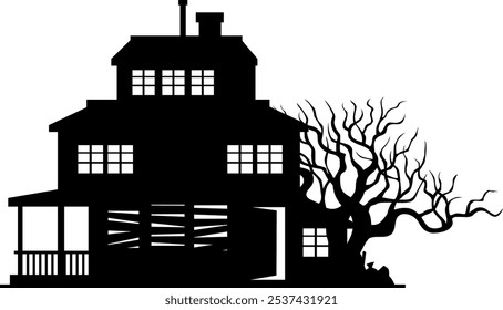 Halloween Haunted House Black Silhouette. Vector Hand Drawn Illustration Isolated On Transparent Background