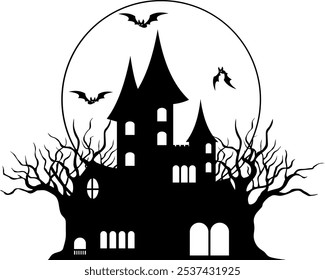 Halloween Haunted House Black Silhouette. Vector Hand Drawn Illustration Isolated On Transparent Background