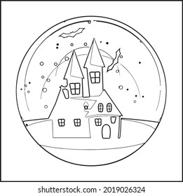 Halloween Haunted House  Black   white illustration for coloring book