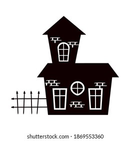halloween haunted house building with fence silhouette vector illustration design