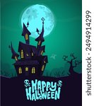 Halloween haunted house cartoon illustration. Vector horror scary mansion on the night background with moon. Party poster.