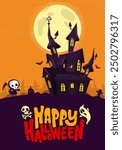 Halloween haunted house cartoon illustration. Vector horror scary mansion on the night background with moon. Party poster.