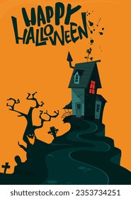 Halloween haunted house cartoon illustration. Vector horror scary mansion on the night background with moon. Party poster.