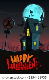 Halloween haunted house cartoon illustration. Vector horror scary mansion on the night background with moon. Party poster.