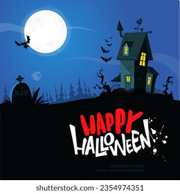 Halloween haunted house cartoon illustration. Vector horror scary mansion on the night background with moon. Party poster.