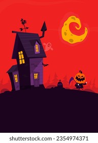 Halloween haunted house cartoon illustration. Vector horror scary mansion on the night background with moon. Party poster.