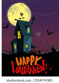 Halloween haunted house cartoon illustration. Vector horror scary mansion on the night background with moon. Party poster.