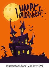 Halloween haunted house cartoon illustration. Vector horror scary mansion on the night background with moon. Party poster.