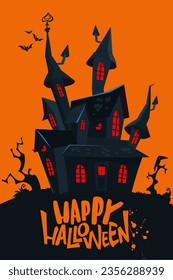 Halloween haunted house cartoon illustration. Vector horror scary mansion on the night background with moon. Party poster.