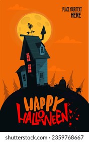 Halloween haunted house cartoon illustration. Vector horror scary mansion on the night background with moon. Party poster.