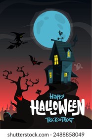 Halloween haunted house cartoon illustration. Vector horror scary mansion on the night background with moon. Party poster.