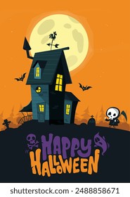 Halloween haunted house cartoon illustration. Vector horror scary mansion on the night background with moon. Party poster.