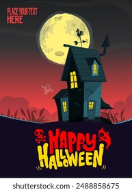 Halloween haunted house cartoon illustration. Vector horror scary mansion on the night background with moon. Party poster.