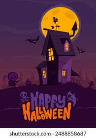 Halloween haunted house cartoon illustration. Vector horror scary mansion on the night background with moon. Party poster.