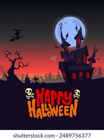 Halloween haunted house cartoon illustration. Vector horror scary mansion on the night background with moon. Party poster.