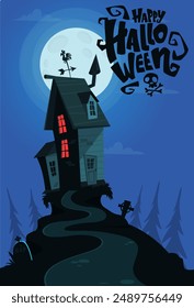 Halloween haunted house cartoon illustration. Vector horror scary mansion on the night background with moon. Party poster.