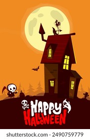 Halloween haunted house cartoon illustration. Vector horror scary mansion on the night background with moon. Party poster.