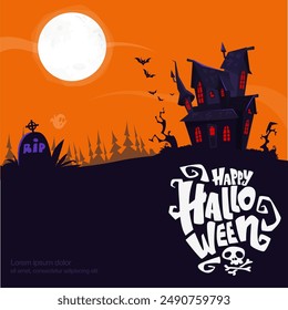 Halloween casa embrujada ilustración de dibujos animados. Vector horror mansión de miedo en el fondo de la noche con la luna. Cartel de la fiesta.