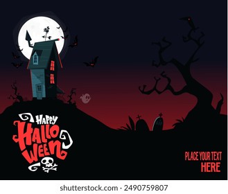 Halloween casa embrujada ilustración de dibujos animados. Vector horror mansión de miedo en el fondo de la noche con la luna. Cartel de la fiesta.