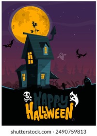 Halloween casa embrujada ilustración de dibujos animados. Vector horror mansión de miedo en el fondo de la noche con la luna. Cartel de la fiesta.