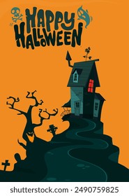 Halloween haunted house cartoon illustration. Vector horror scary mansion on the night background with moon. Party poster.